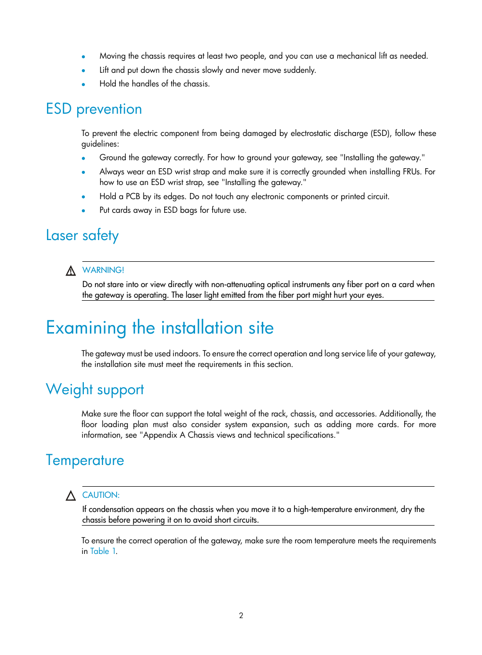 Esd prevention, Laser safety, Examining the installation site | Weight support, Temperature | H3C Technologies H3C SecPath M9000 Series User Manual | Page 10 / 98
