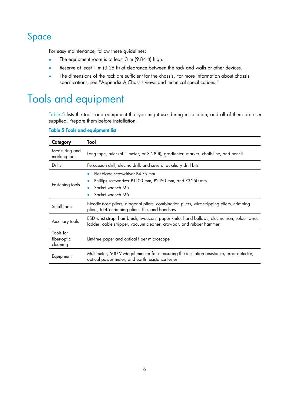 Space, Tools and equipment | H3C Technologies H3C SecPath M9000 Series User Manual | Page 14 / 98