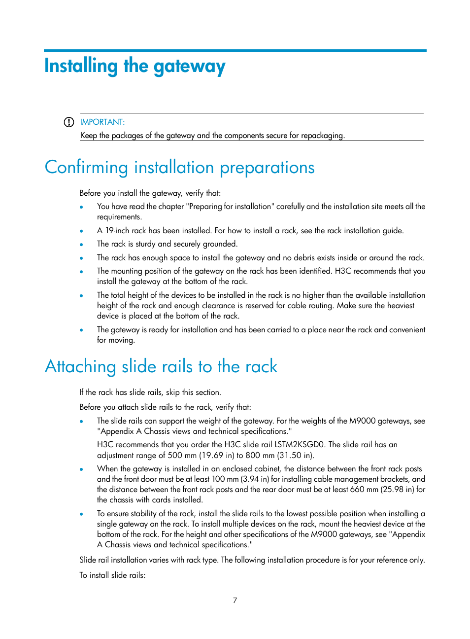 Installing the gateway, Confirming installation preparations, Attaching slide rails to the rack | H3C Technologies H3C SecPath M9000 Series User Manual | Page 15 / 98