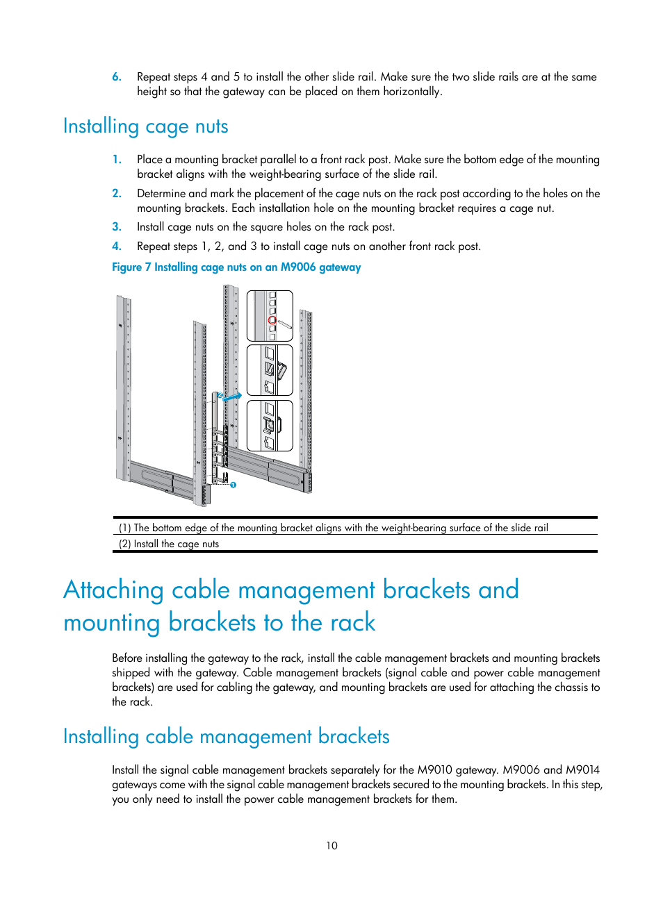 Installing cage nuts, Installing cable management brackets | H3C Technologies H3C SecPath M9000 Series User Manual | Page 18 / 98