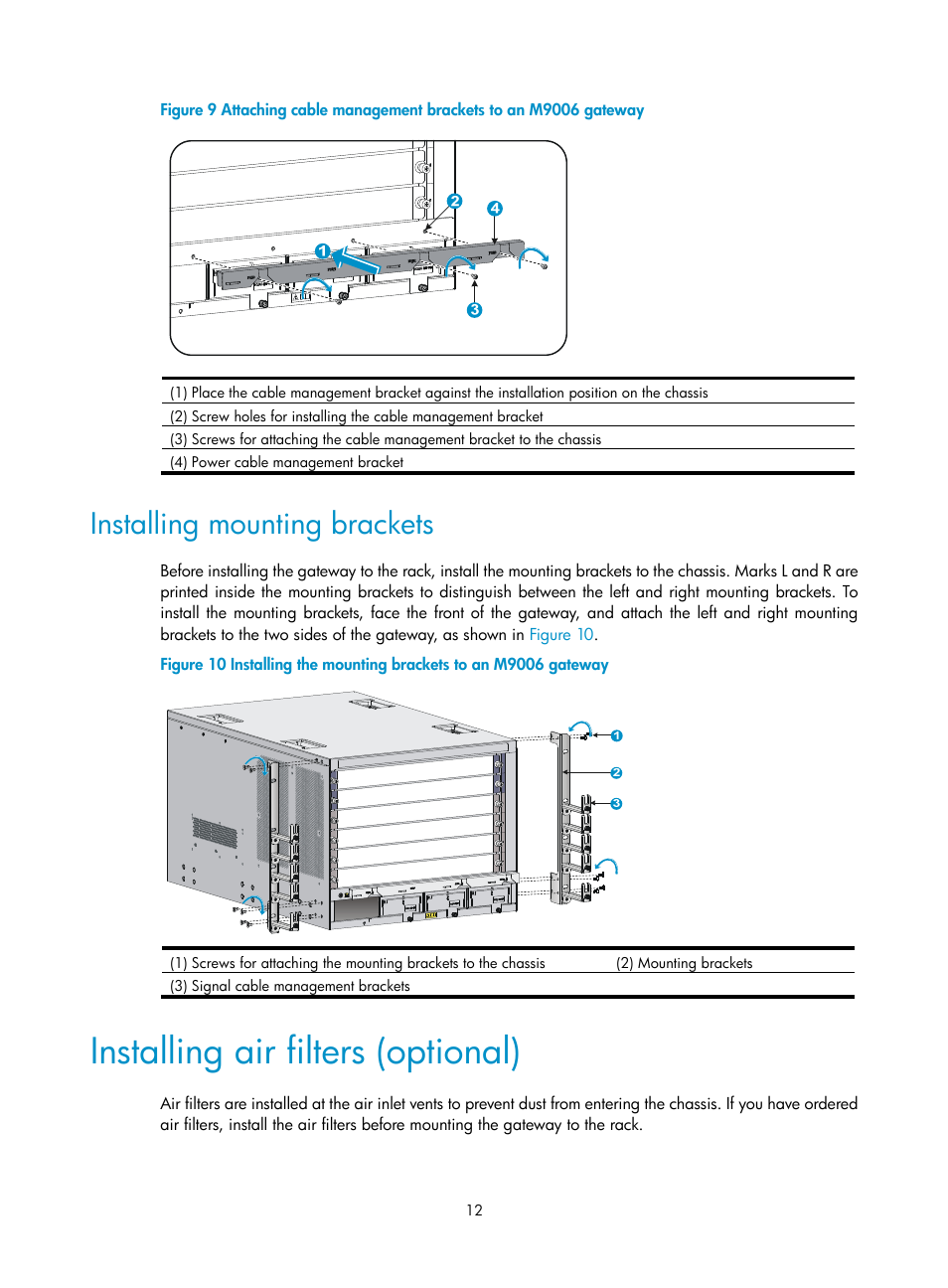 Installing mounting brackets, Installing air filters (optional), Figure 9 | H3C Technologies H3C SecPath M9000 Series User Manual | Page 20 / 98