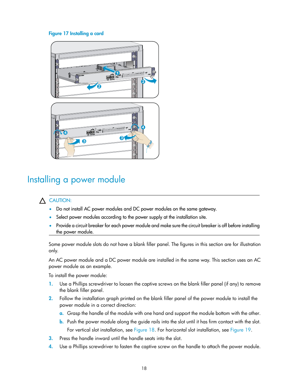Installing a power module, Out 1 on, Figure 17 | Pres, Own in callout 4 on | H3C Technologies H3C SecPath M9000 Series User Manual | Page 26 / 98