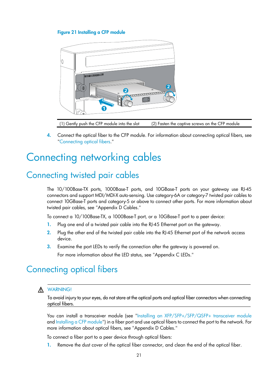 Connecting networking cables, Connecting twisted pair cables, Connecting optical fibers | H3C Technologies H3C SecPath M9000 Series User Manual | Page 29 / 98