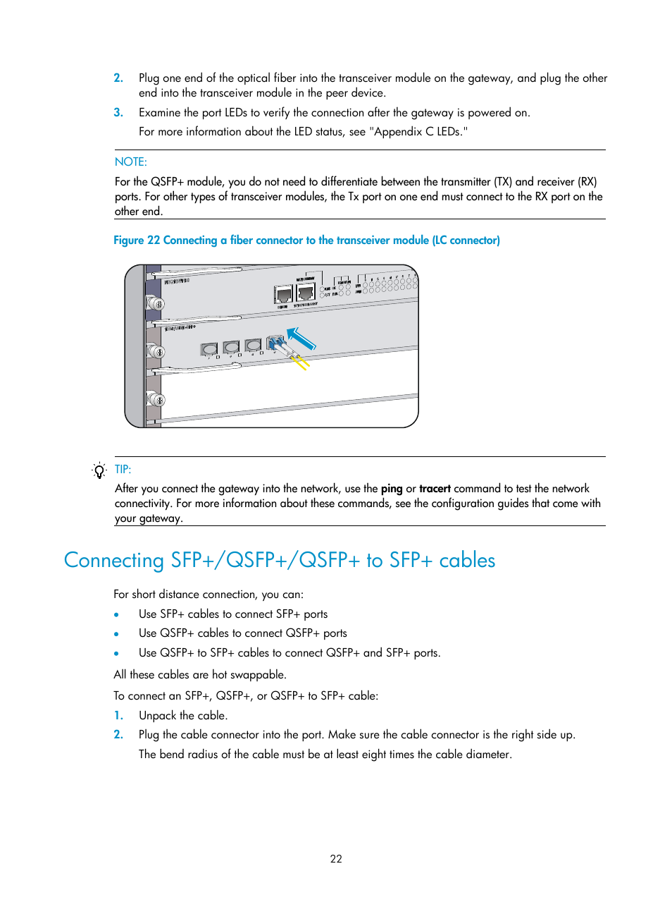 Connecting sfp+/qsfp+/qsfp+ to sfp+ cables | H3C Technologies H3C SecPath M9000 Series User Manual | Page 30 / 98