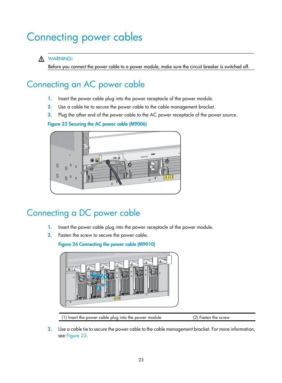 Connecting power cables, Connecting an ac power cable, Connecting a dc power cable | H3C Technologies H3C SecPath M9000 Series User Manual | Page 31 / 98