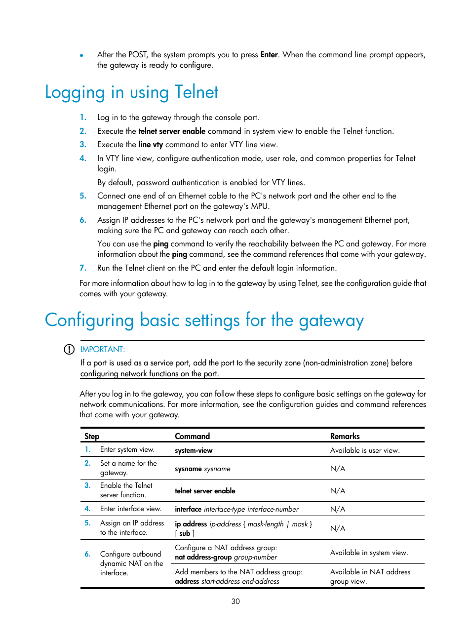 Logging in using telnet, Configuring basic settings for the gateway | H3C Technologies H3C SecPath M9000 Series User Manual | Page 38 / 98