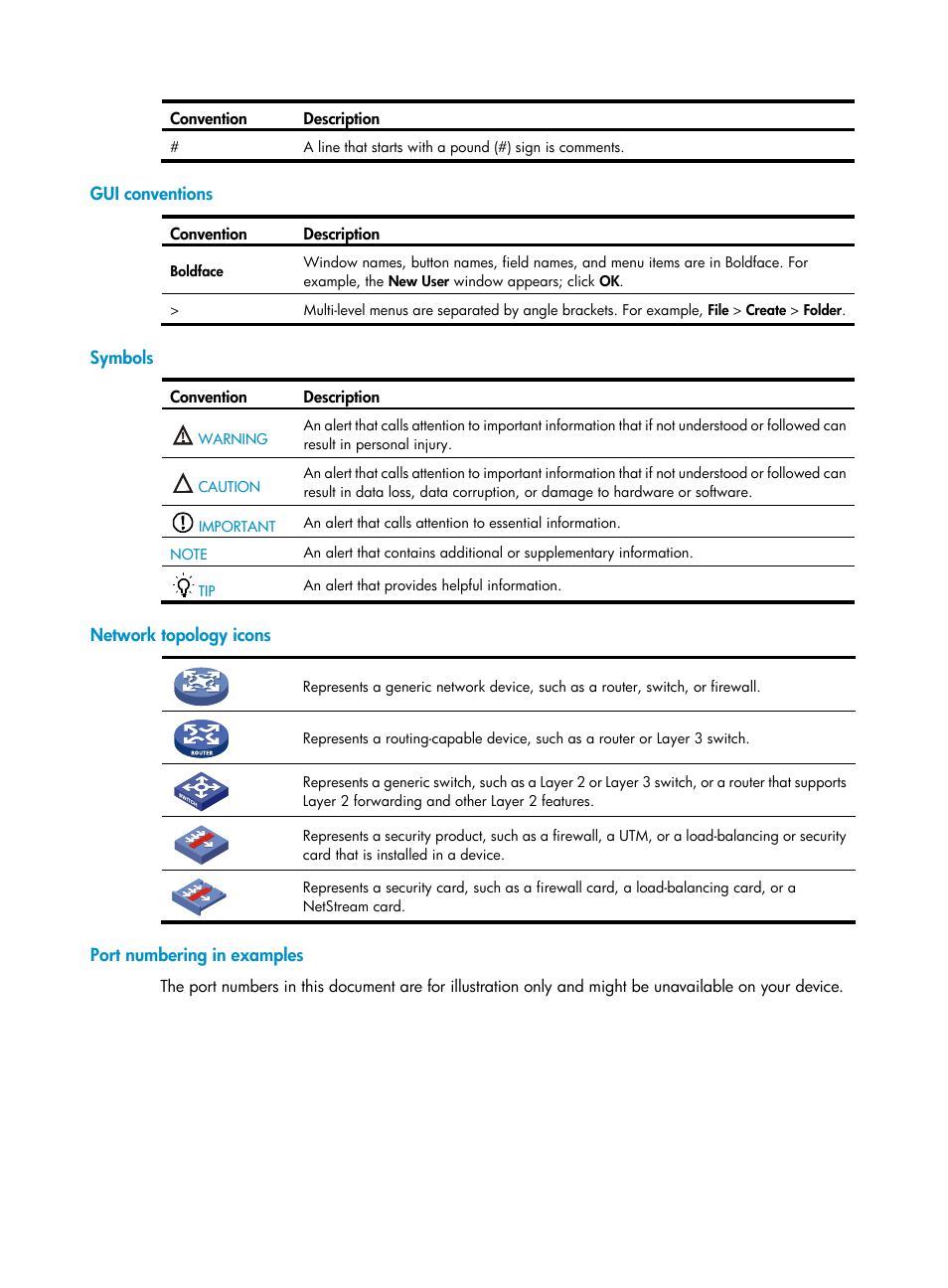 Gui conventions, Symbols, Network topology icons | Port numbering in examples | H3C Technologies H3C SecPath M9000 Series User Manual | Page 4 / 98