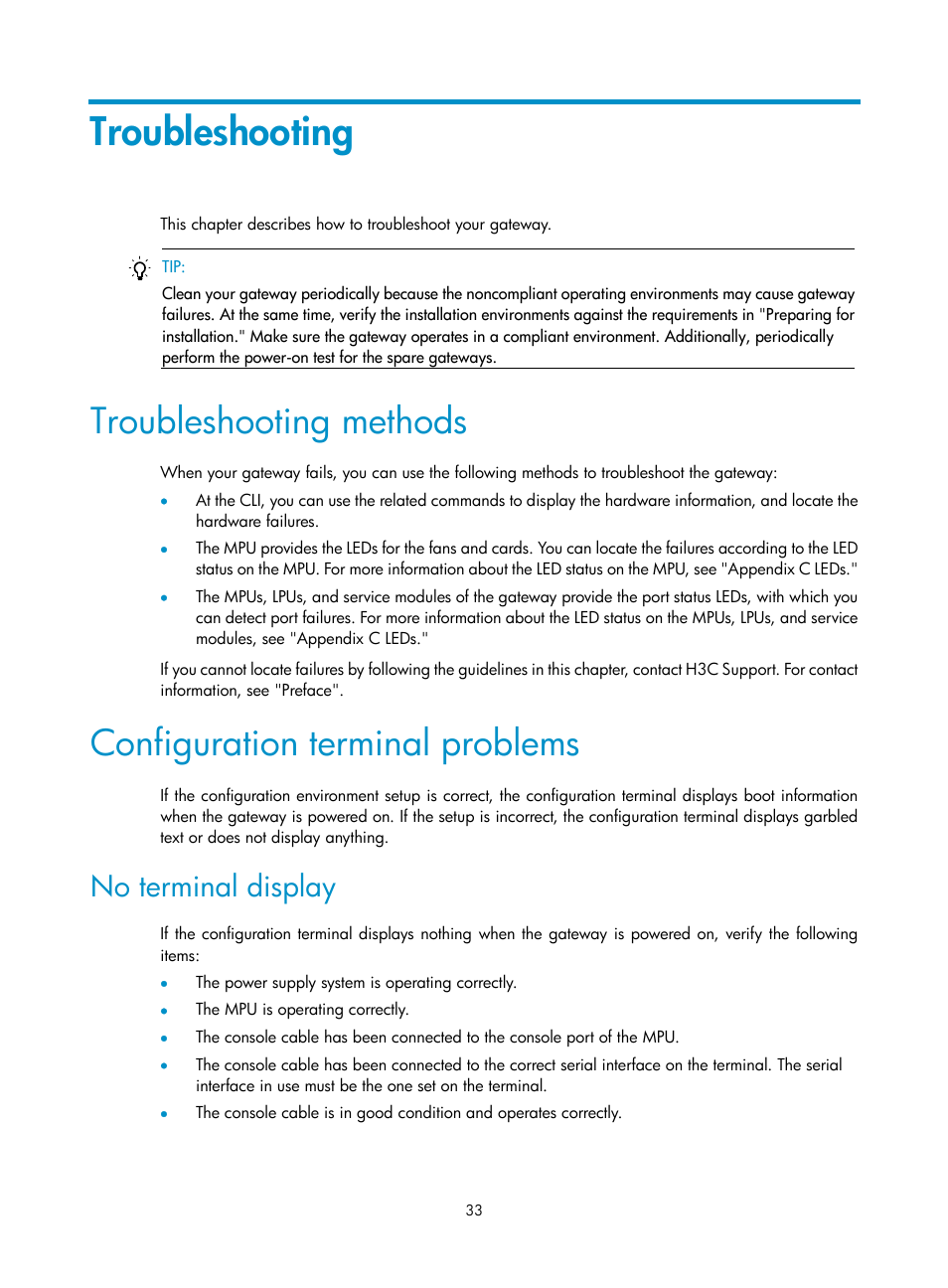 Troubleshooting, Troubleshooting methods, Configuration terminal problems | No terminal display | H3C Technologies H3C SecPath M9000 Series User Manual | Page 41 / 98
