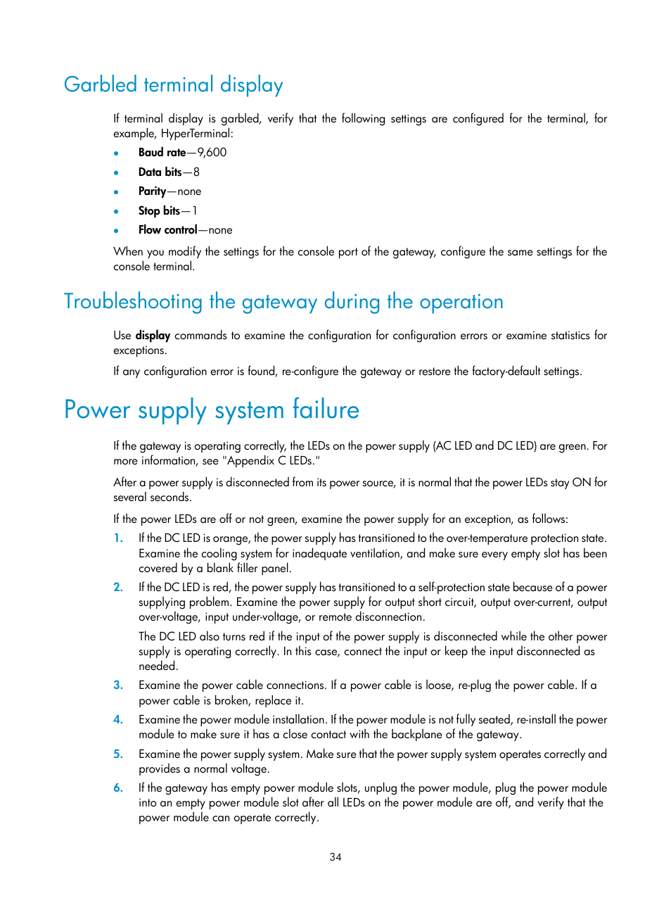 Garbled terminal display, Troubleshooting the gateway during the operation, Power supply system failure | H3C Technologies H3C SecPath M9000 Series User Manual | Page 42 / 98