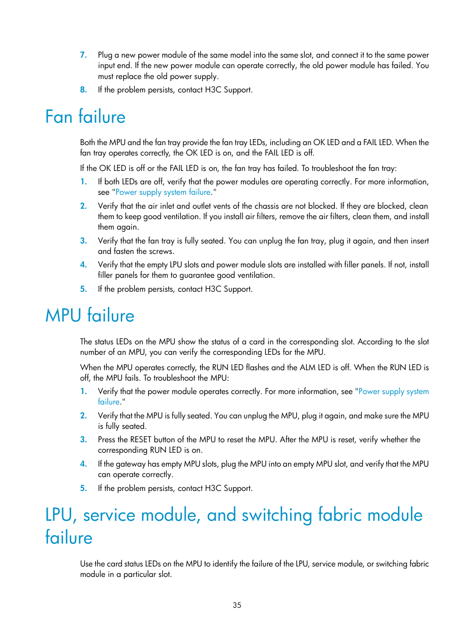 Fan failure, Mpu failure | H3C Technologies H3C SecPath M9000 Series User Manual | Page 43 / 98