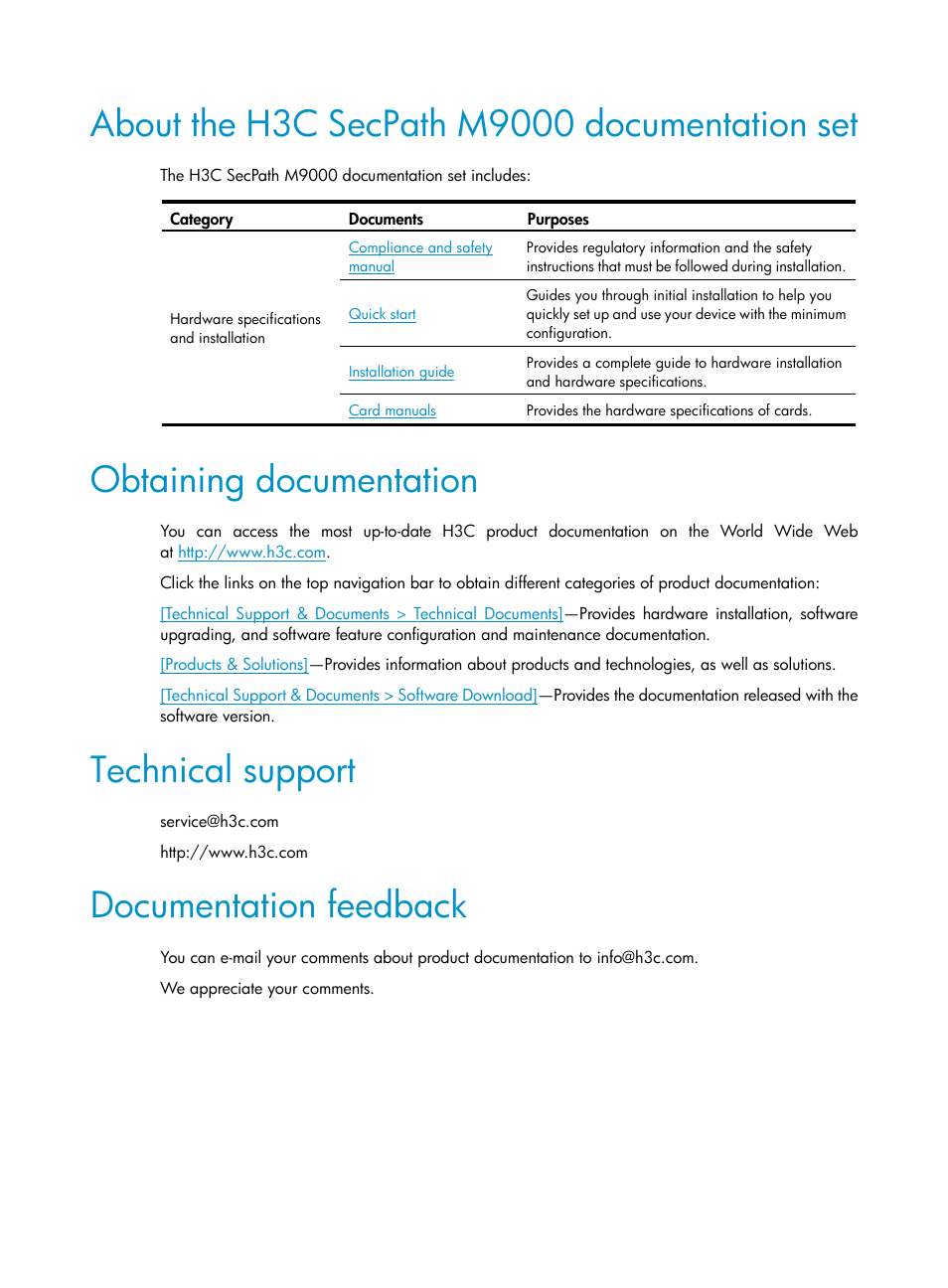 About the h3c secpath m9000 documentation set, Obtaining documentation, Technical support | Documentation feedback | H3C Technologies H3C SecPath M9000 Series User Manual | Page 5 / 98