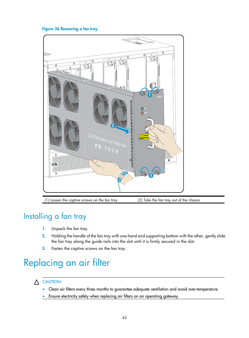 Installing a fan tray, Replacing an air filter | H3C Technologies H3C SecPath M9000 Series User Manual | Page 50 / 98