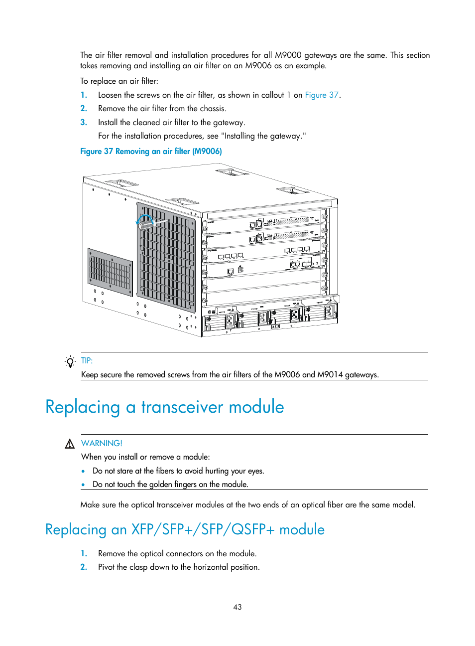 Replacing a transceiver module, Replacing an xfp/sfp+/sfp/qsfp+ module | H3C Technologies H3C SecPath M9000 Series User Manual | Page 51 / 98