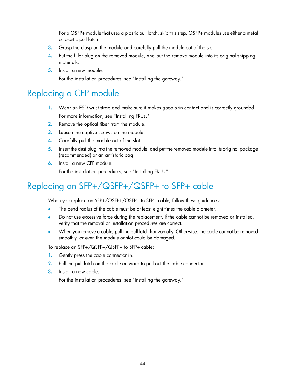 Replacing a cfp module, Replacing an sfp+/qsfp+/qsfp+ to sfp+ cable | H3C Technologies H3C SecPath M9000 Series User Manual | Page 52 / 98