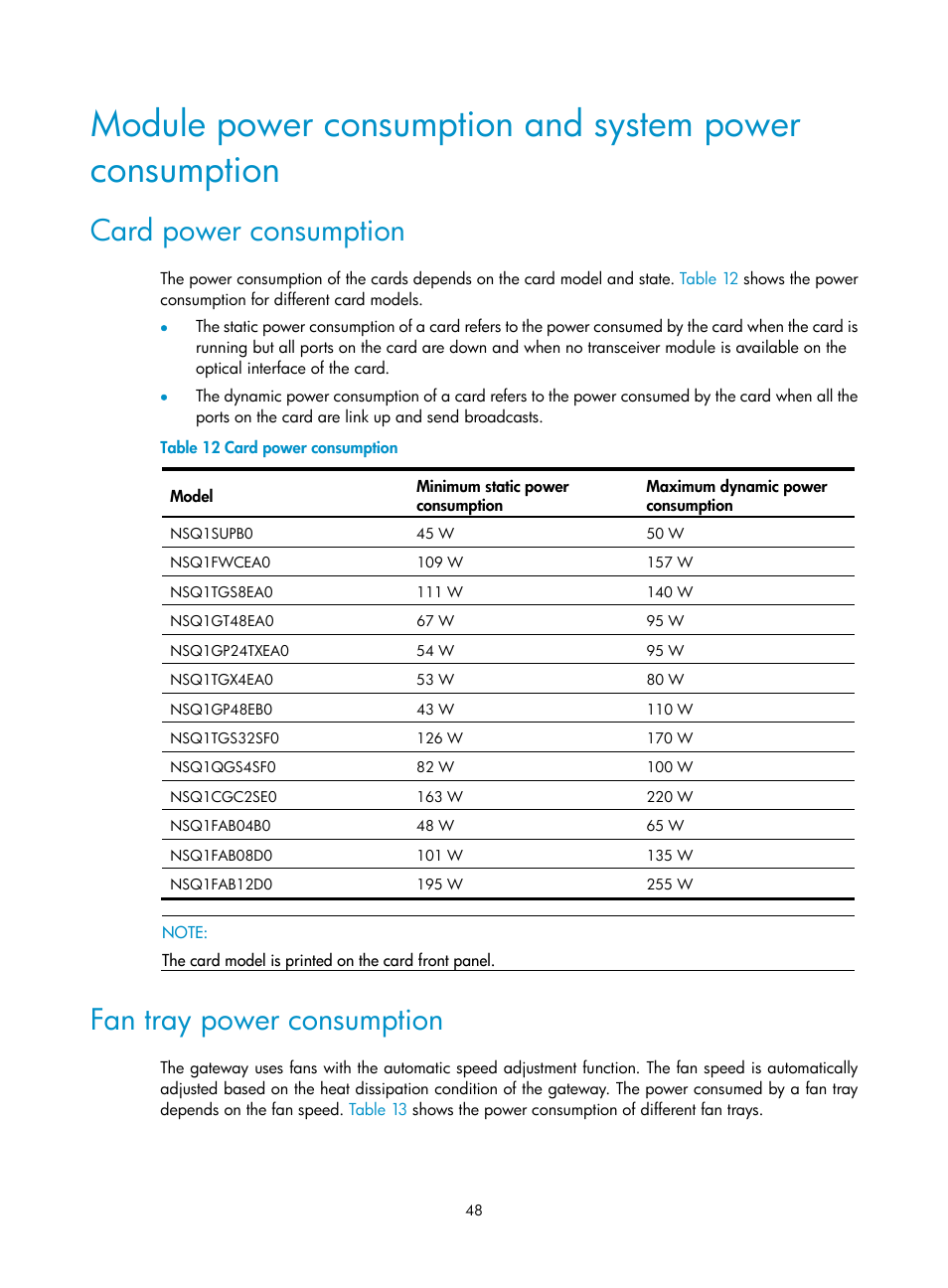 Card power consumption, Fan tray power consumption | H3C Technologies H3C SecPath M9000 Series User Manual | Page 56 / 98