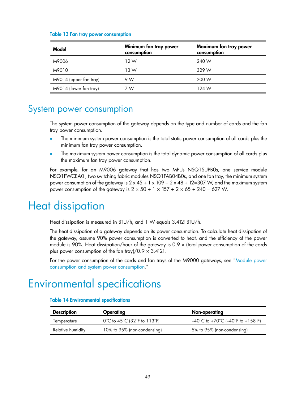 System power consumption, Heat dissipation, Environmental specifications | Table 13 | H3C Technologies H3C SecPath M9000 Series User Manual | Page 57 / 98