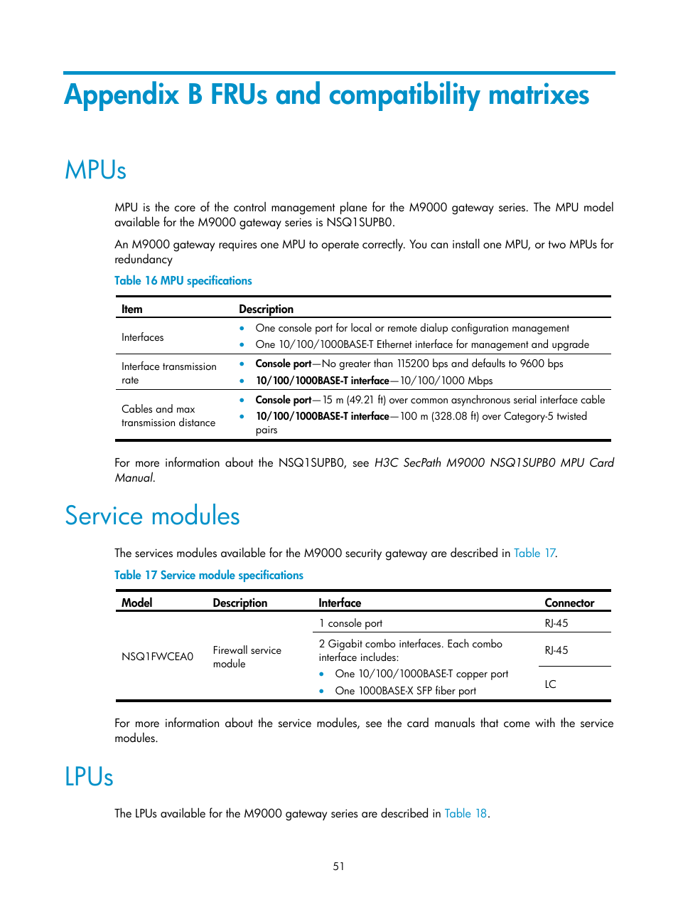 Appendix b frus and compatibility matrixes, Mpus, Service modules | Lpus | H3C Technologies H3C SecPath M9000 Series User Manual | Page 59 / 98