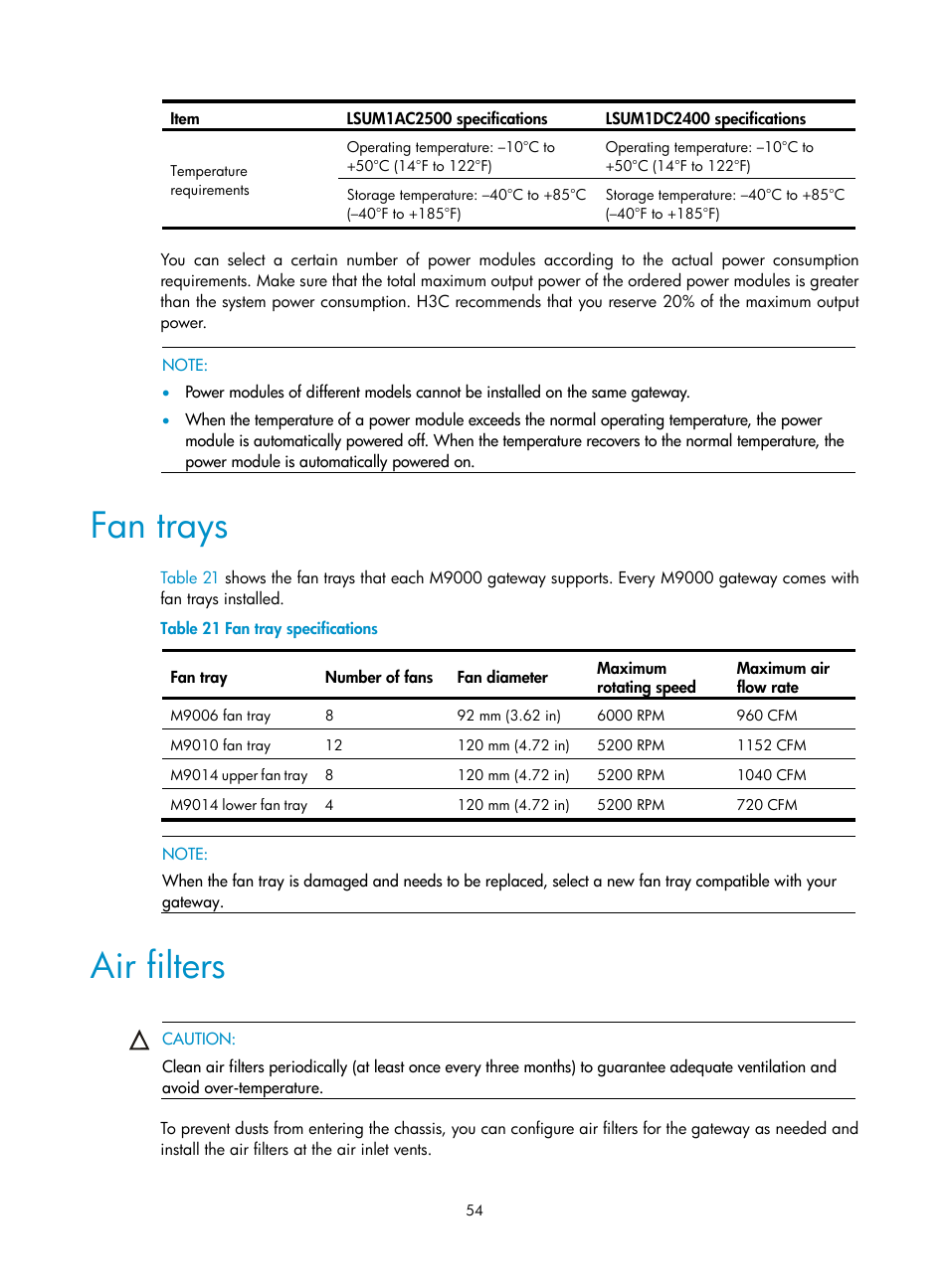 Fan trays, Air filters | H3C Technologies H3C SecPath M9000 Series User Manual | Page 62 / 98