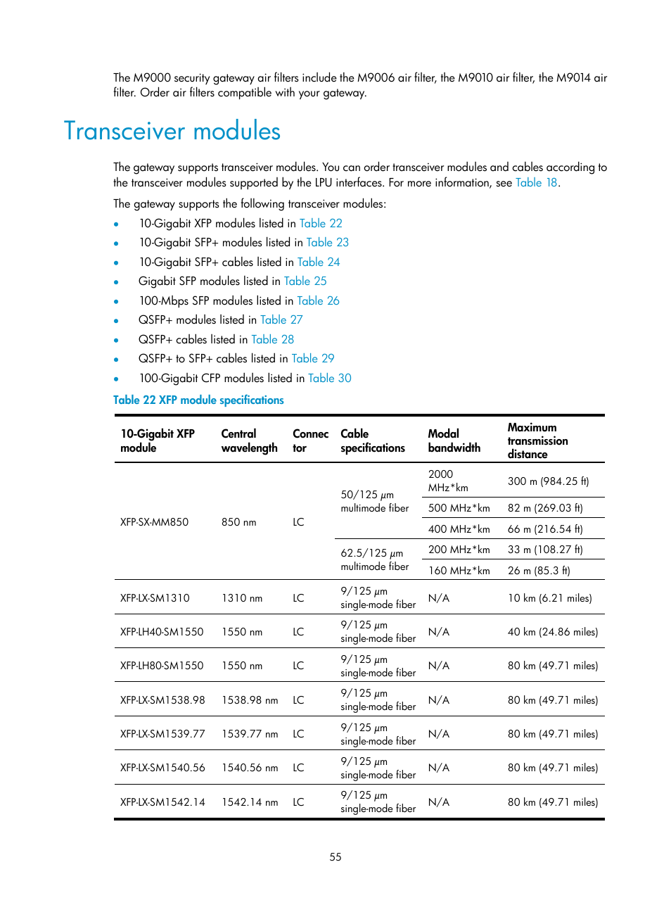 Transceiver modules | H3C Technologies H3C SecPath M9000 Series User Manual | Page 63 / 98