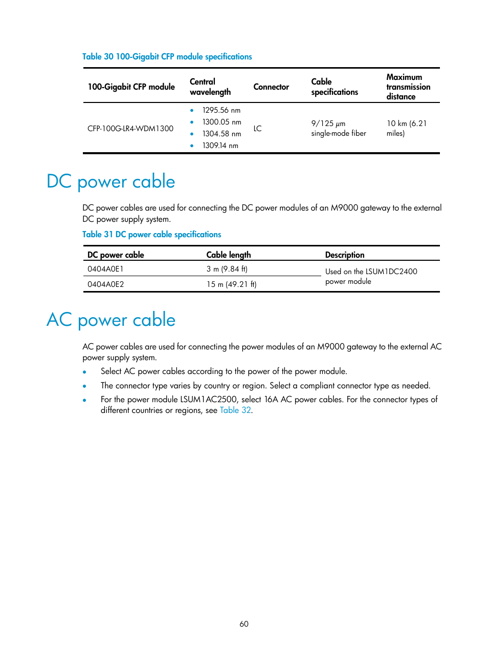 Dc power cable, Ac power cable, Table 30 | H3C Technologies H3C SecPath M9000 Series User Manual | Page 68 / 98
