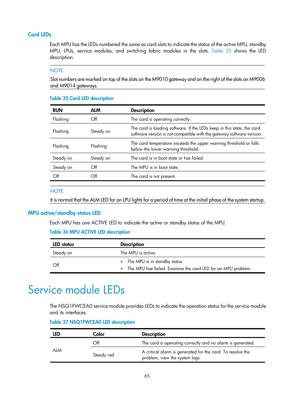Card leds, Mpu active/standby status led, Service module leds | H3C Technologies H3C SecPath M9000 Series User Manual | Page 73 / 98