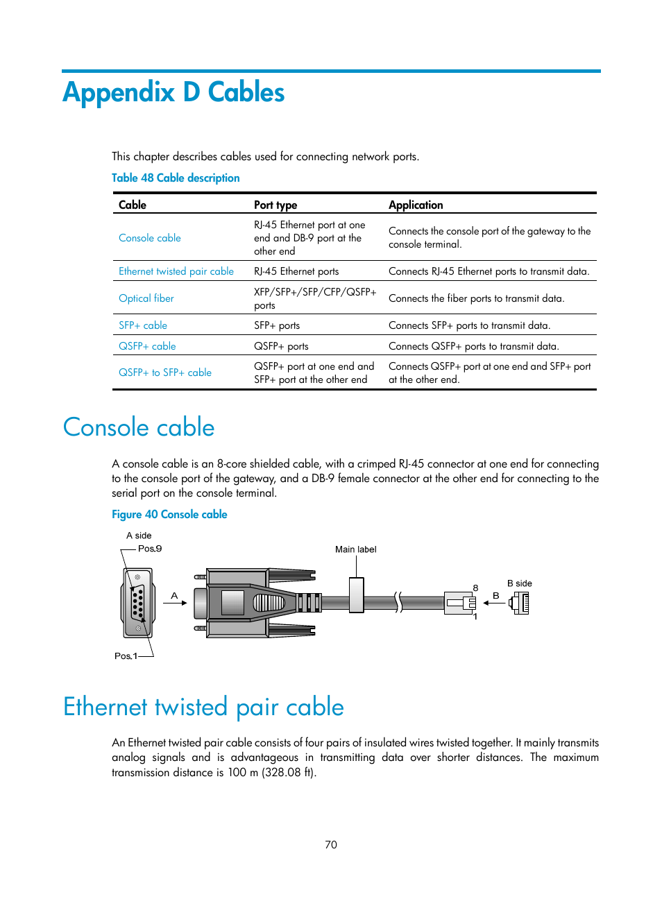 Appendix d cables, Console cable, Ethernet twisted pair cable | H3C Technologies H3C SecPath M9000 Series User Manual | Page 78 / 98