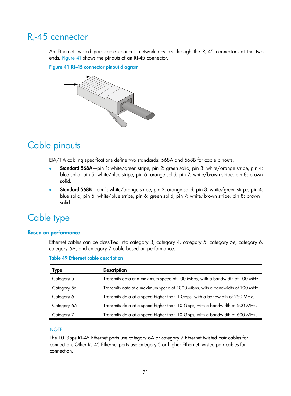 Rj-45 connector, Cable pinouts, Cable type | Based on performance | H3C Technologies H3C SecPath M9000 Series User Manual | Page 79 / 98