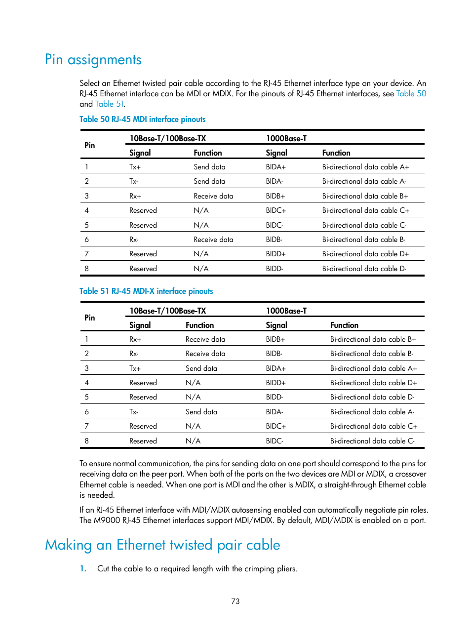 Pin assignments, Making an ethernet twisted pair cable | H3C Technologies H3C SecPath M9000 Series User Manual | Page 81 / 98