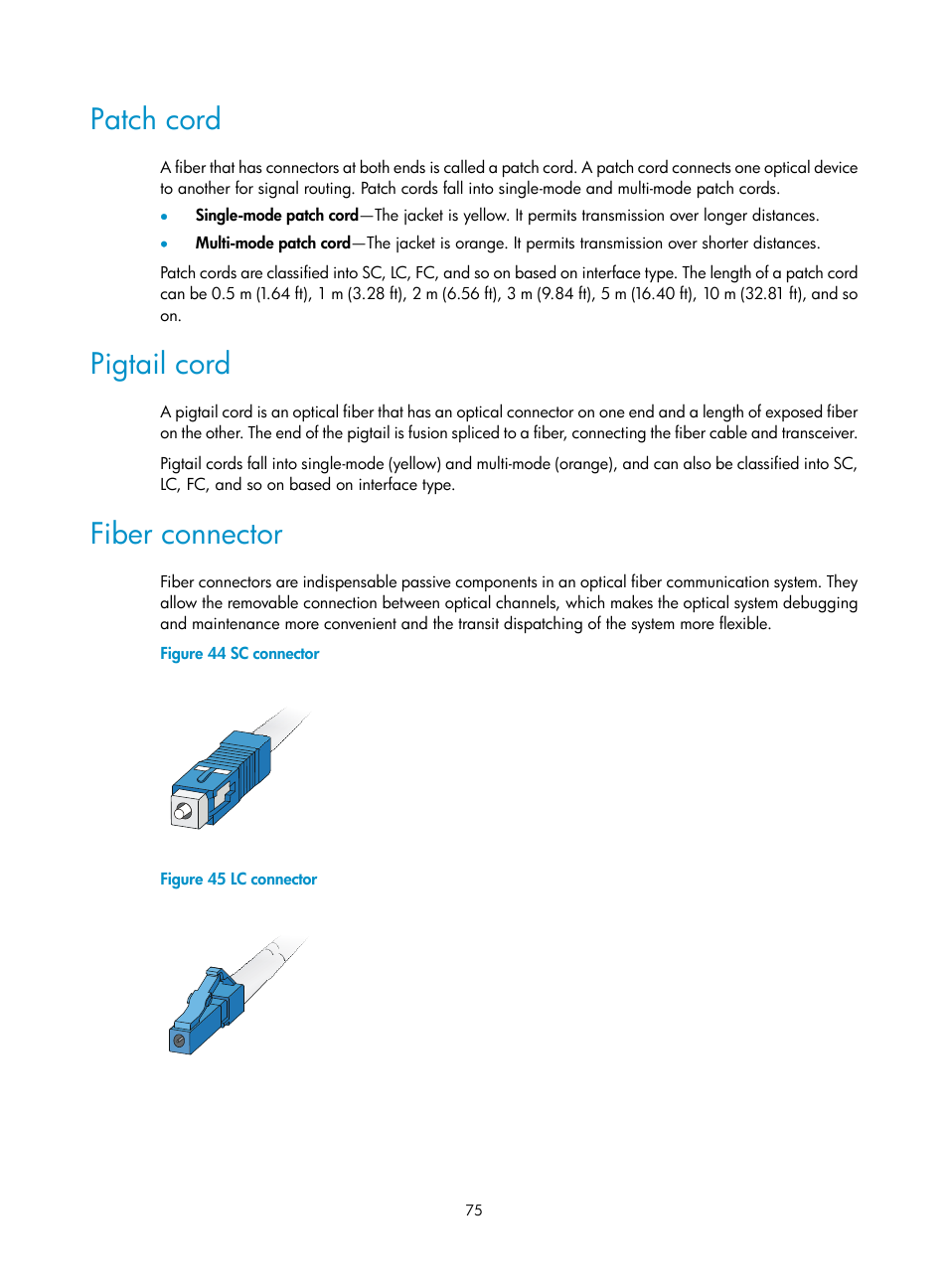 Patch cord, Pigtail cord, Fiber connector | H3C Technologies H3C SecPath M9000 Series User Manual | Page 83 / 98