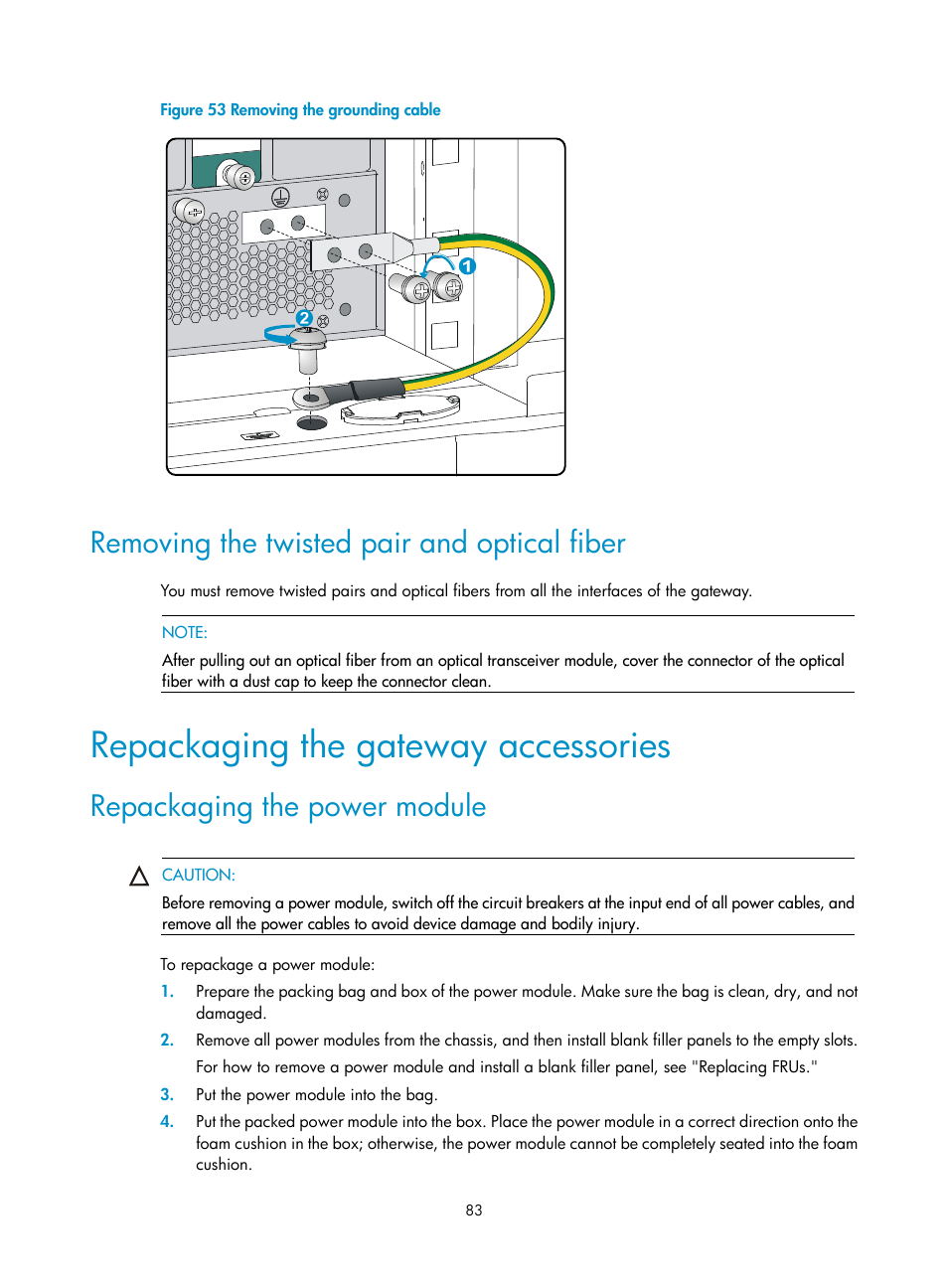 Removing the twisted pair and optical fiber, Repackaging the gateway accessories, Repackaging the power module | Figure 53, T 2 of | H3C Technologies H3C SecPath M9000 Series User Manual | Page 91 / 98