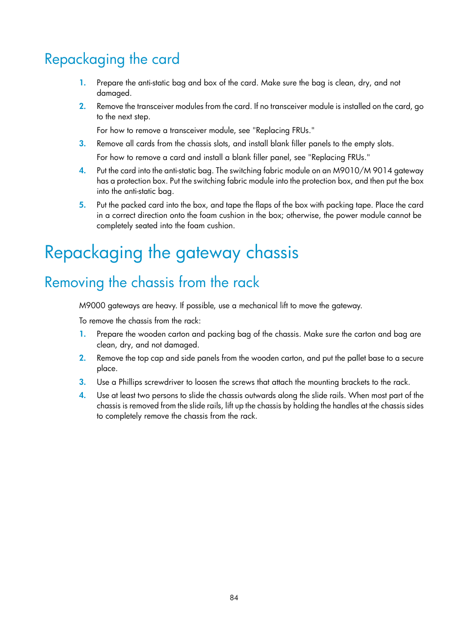 Repackaging the card, Repackaging the gateway chassis, Removing the chassis from the rack | H3C Technologies H3C SecPath M9000 Series User Manual | Page 92 / 98