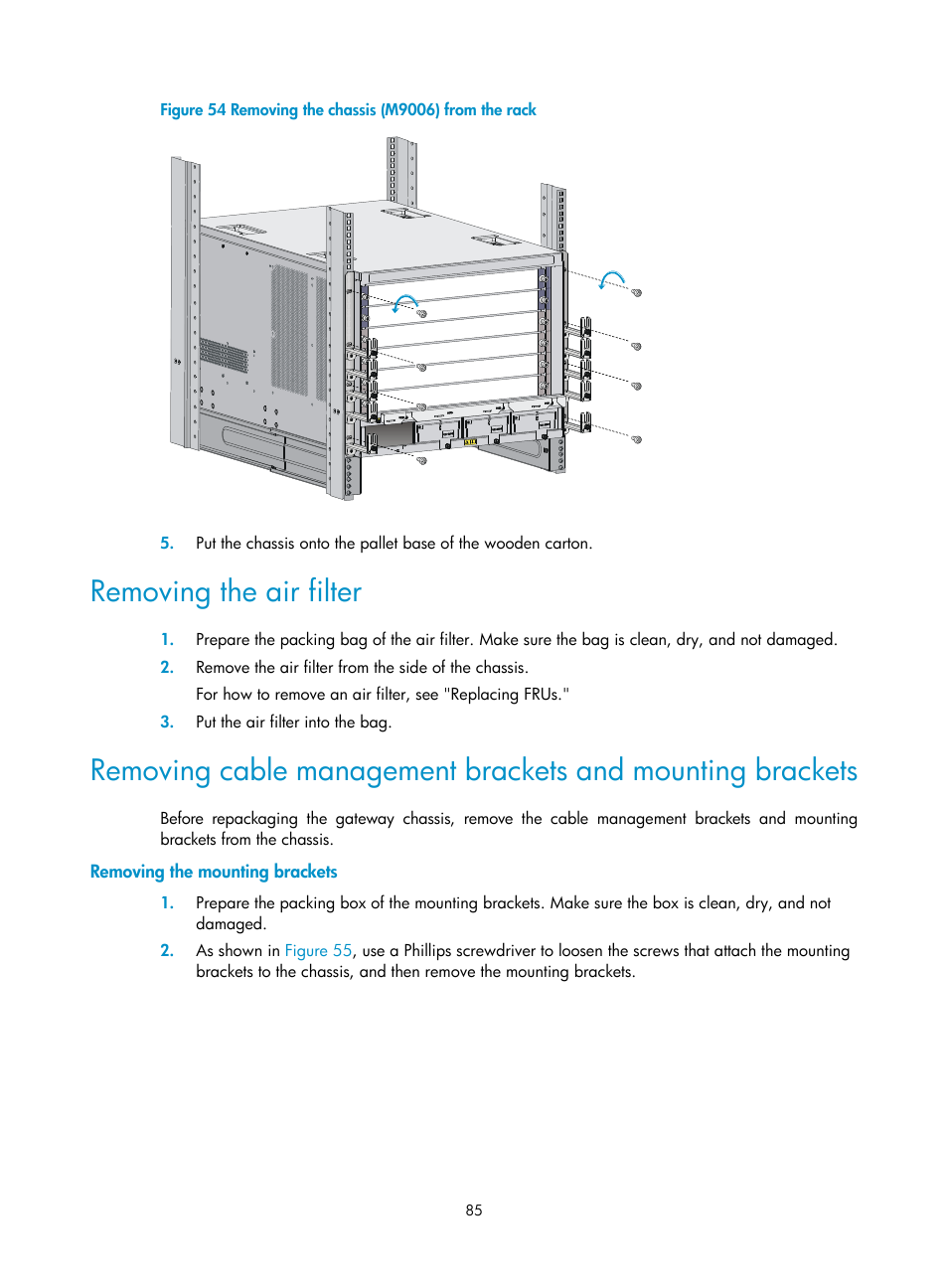 Removing the air filter, Removing the mounting brackets | H3C Technologies H3C SecPath M9000 Series User Manual | Page 93 / 98