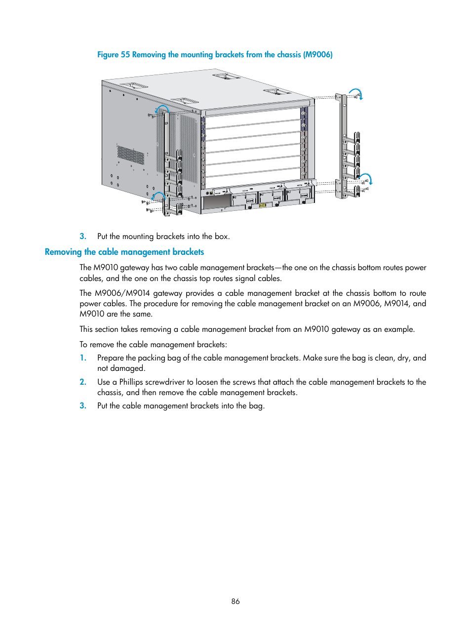 Removing the cable management brackets | H3C Technologies H3C SecPath M9000 Series User Manual | Page 94 / 98