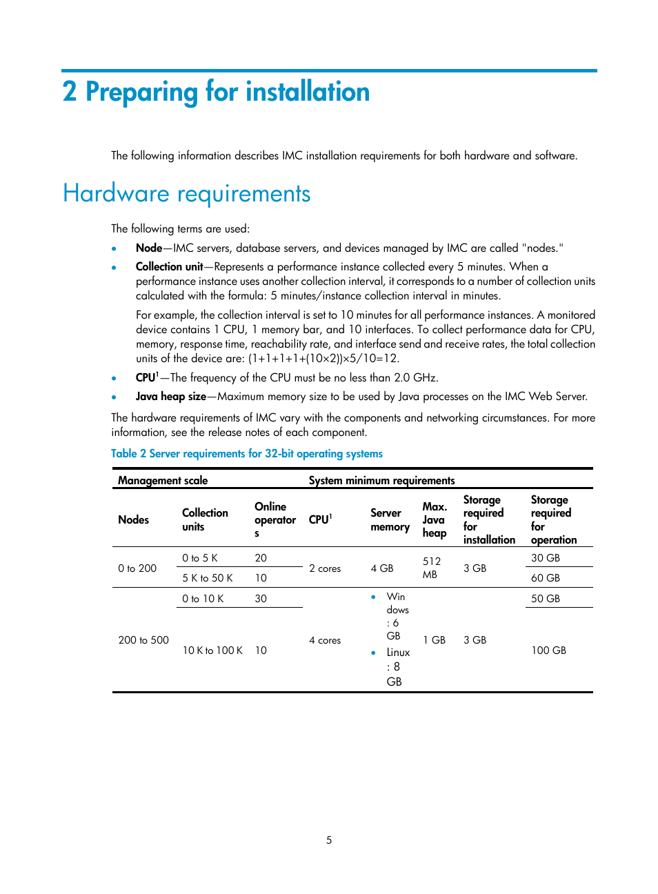 2 preparing for installation, Hardware requirements | H3C Technologies H3C Intelligent Management Center User Manual | Page 12 / 96