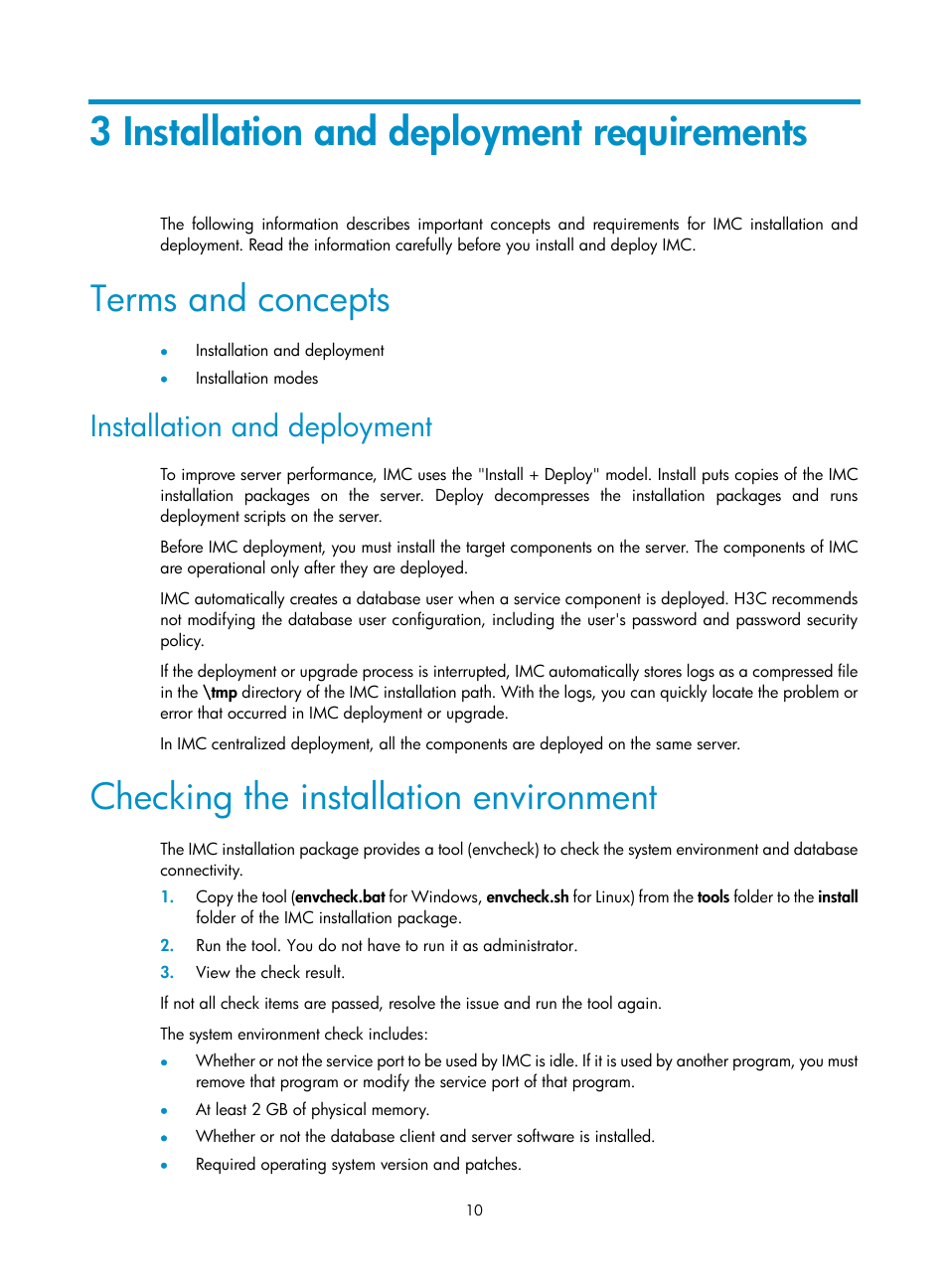 3 installation and deployment requirements, Terms and concepts, Installation and deployment | Checking the installation environment | H3C Technologies H3C Intelligent Management Center User Manual | Page 17 / 96