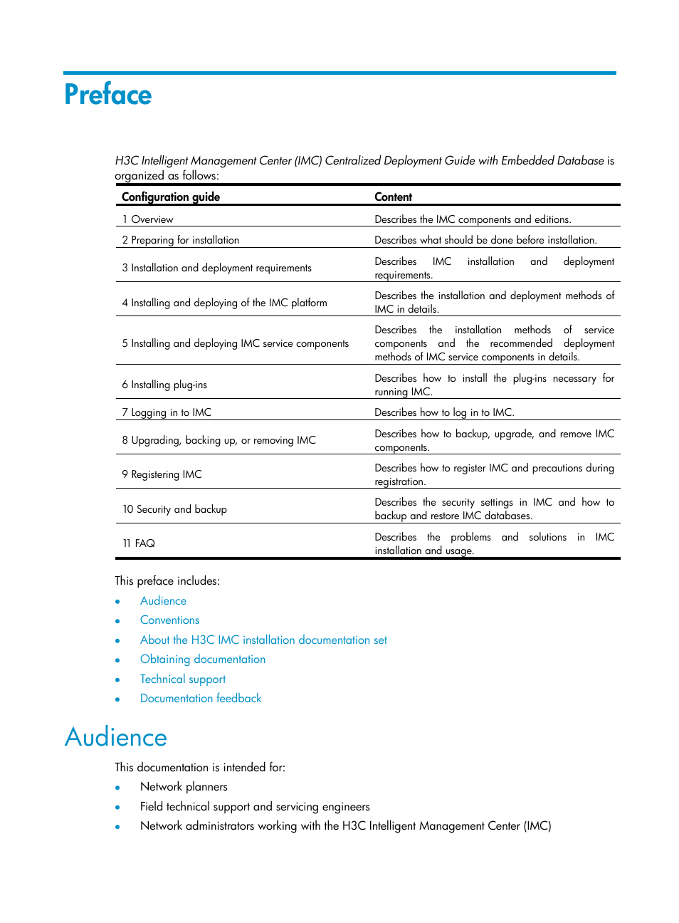 Preface, Audience | H3C Technologies H3C Intelligent Management Center User Manual | Page 3 / 96