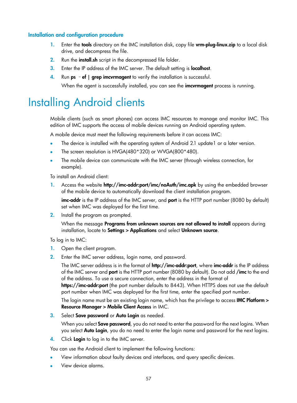 Installation and configuration procedure, Installing android clients | H3C Technologies H3C Intelligent Management Center User Manual | Page 64 / 96