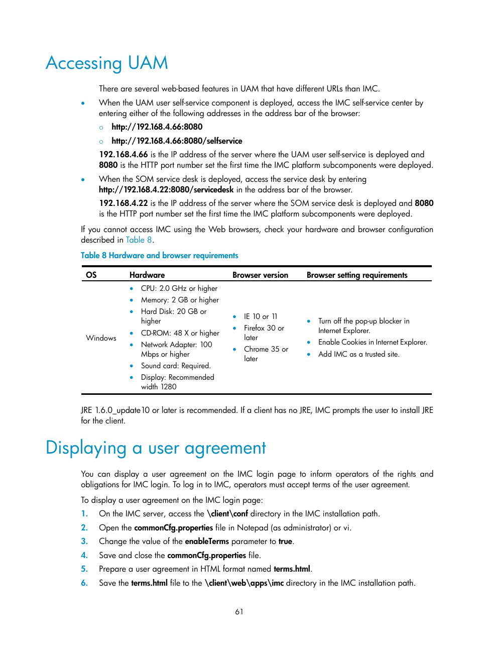 Accessing uam, Displaying a user agreement | H3C Technologies H3C Intelligent Management Center User Manual | Page 68 / 96