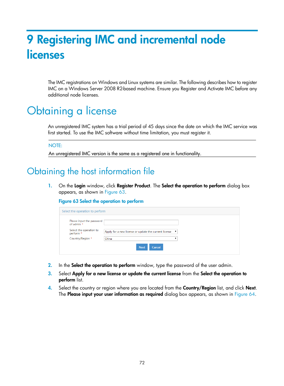 9 registering imc and incremental node licenses, Obtaining a license, Obtaining the host information file | H3C Technologies H3C Intelligent Management Center User Manual | Page 79 / 96