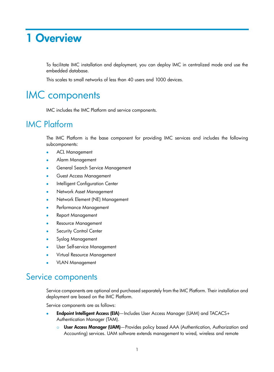 1 overview, Imc components, Imc platform | Service components | H3C Technologies H3C Intelligent Management Center User Manual | Page 8 / 96