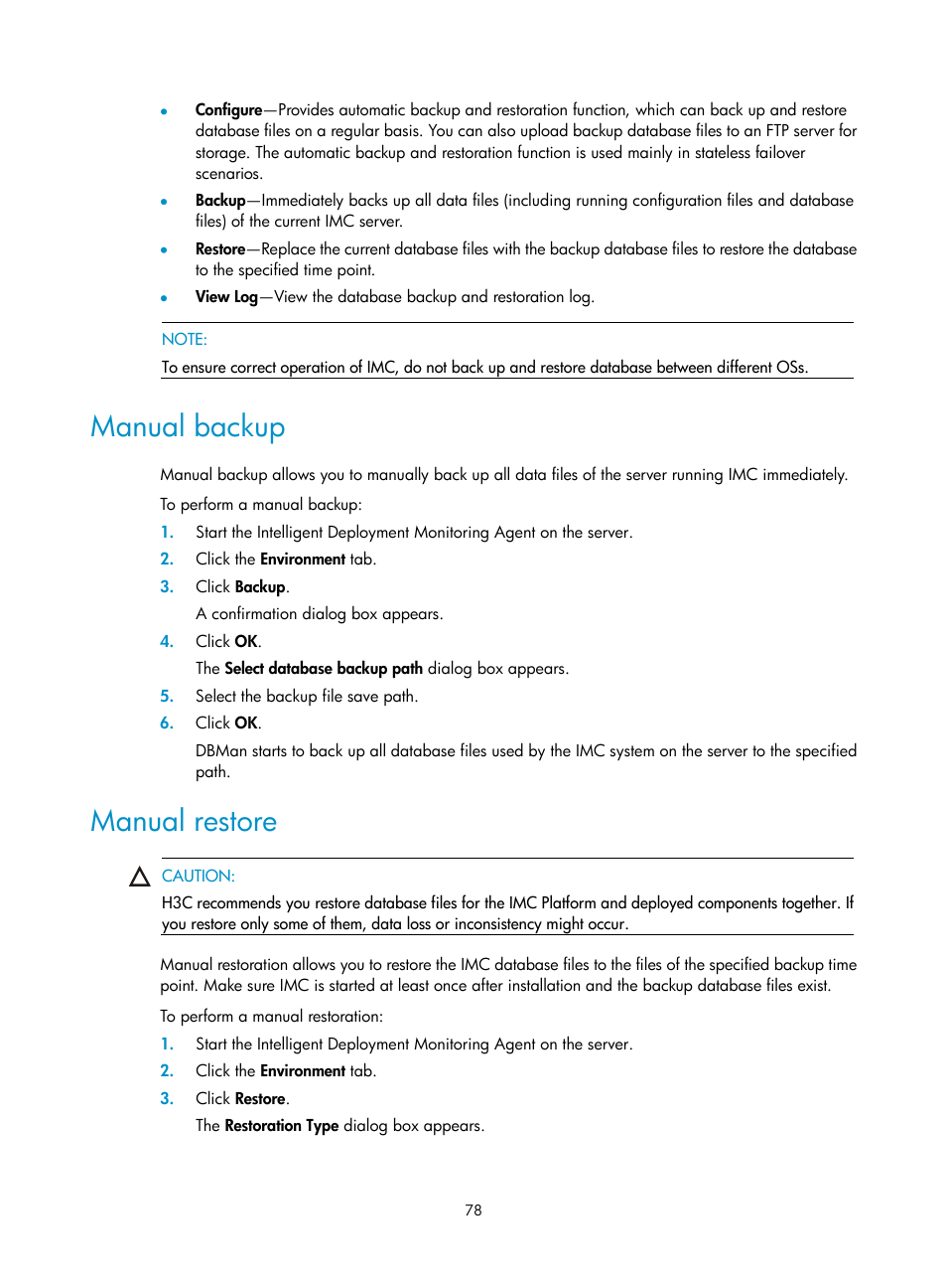 Manual backup, Manual restore | H3C Technologies H3C Intelligent Management Center User Manual | Page 85 / 96