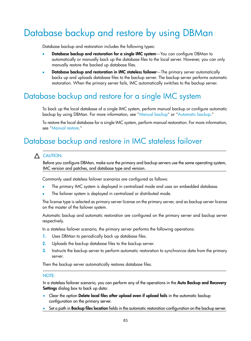 Database backup and restore by using dbman, Database backup and restore in imc stateless, Failover | H3C Technologies H3C Intelligent Management Center User Manual | Page 92 / 96