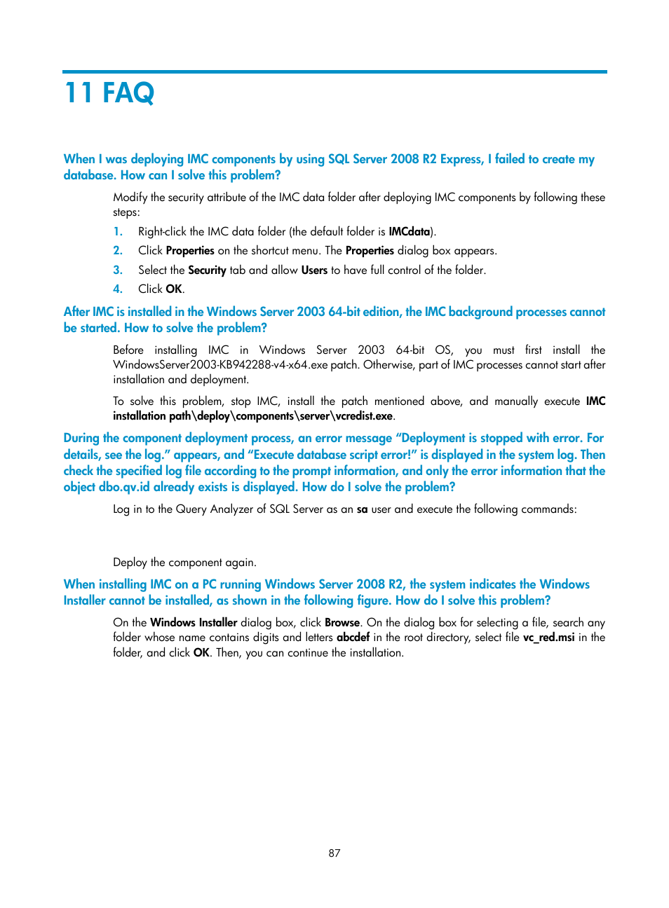 11 faq | H3C Technologies H3C Intelligent Management Center User Manual | Page 94 / 96