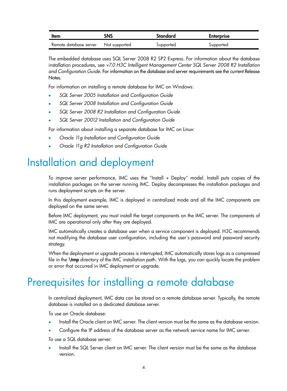 Installation and deployment, Prerequisites for installing a remote database | H3C Technologies H3C Intelligent Management Center User Manual | Page 11 / 104