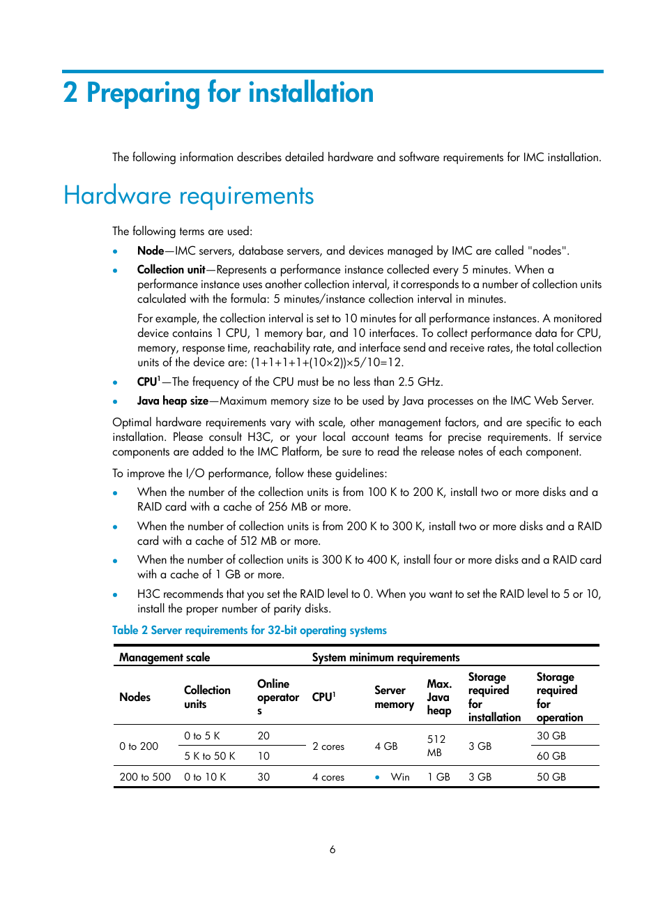 2 preparing for installation, Hardware requirements | H3C Technologies H3C Intelligent Management Center User Manual | Page 13 / 104
