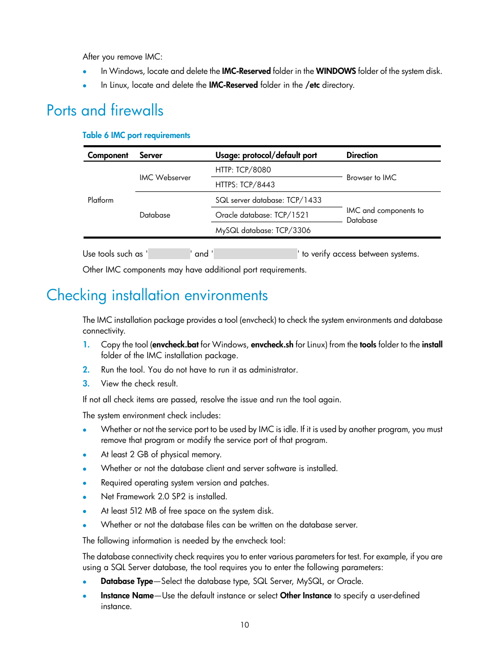 Ports and firewalls, Checking installation environments | H3C Technologies H3C Intelligent Management Center User Manual | Page 17 / 104