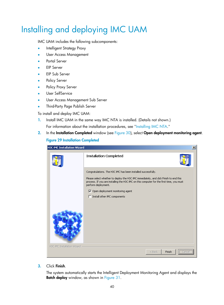 Installing and deploying imc uam | H3C Technologies H3C Intelligent Management Center User Manual | Page 47 / 104