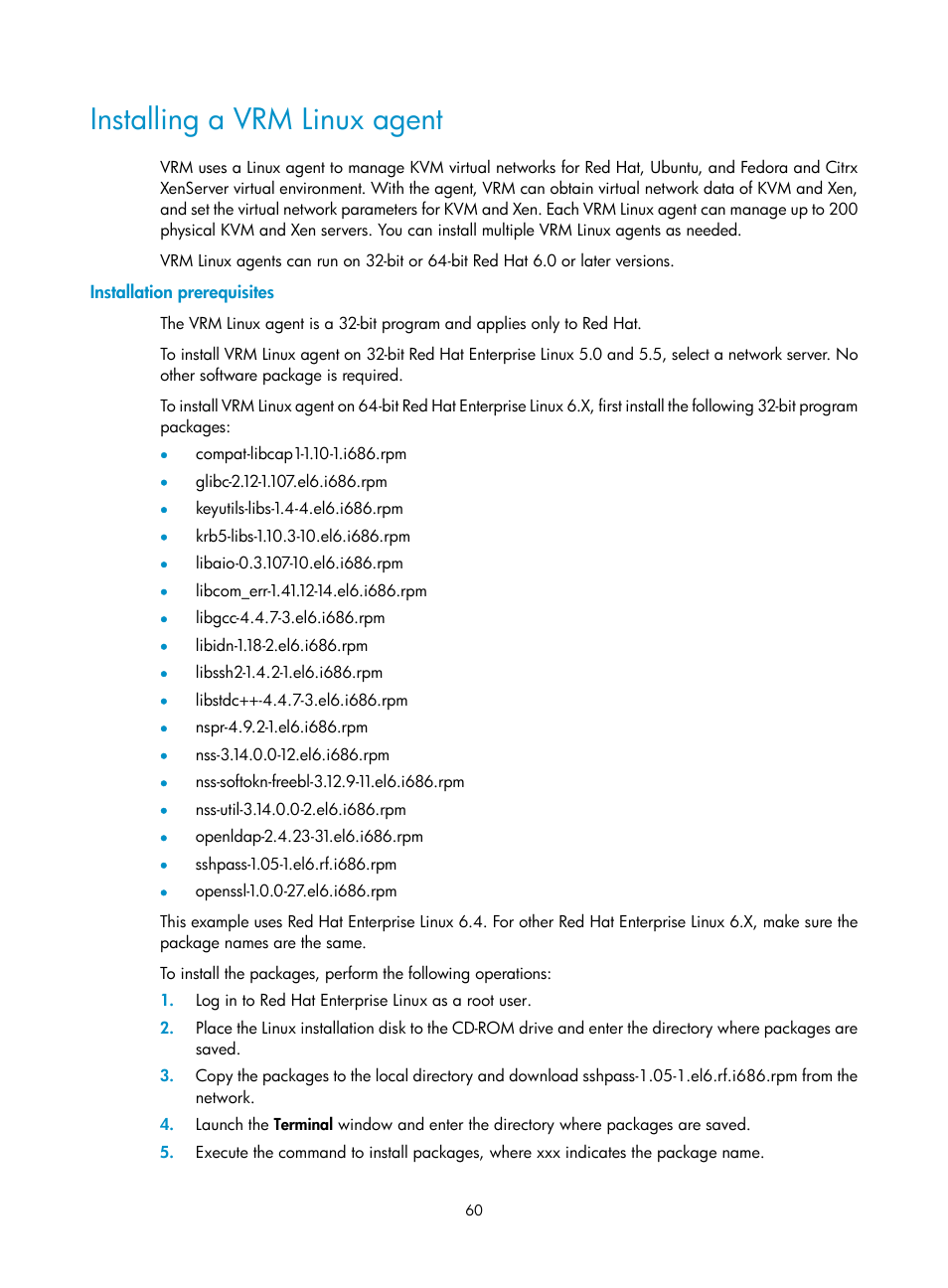 Installing a vrm linux agent, Installation prerequisites | H3C Technologies H3C Intelligent Management Center User Manual | Page 67 / 104