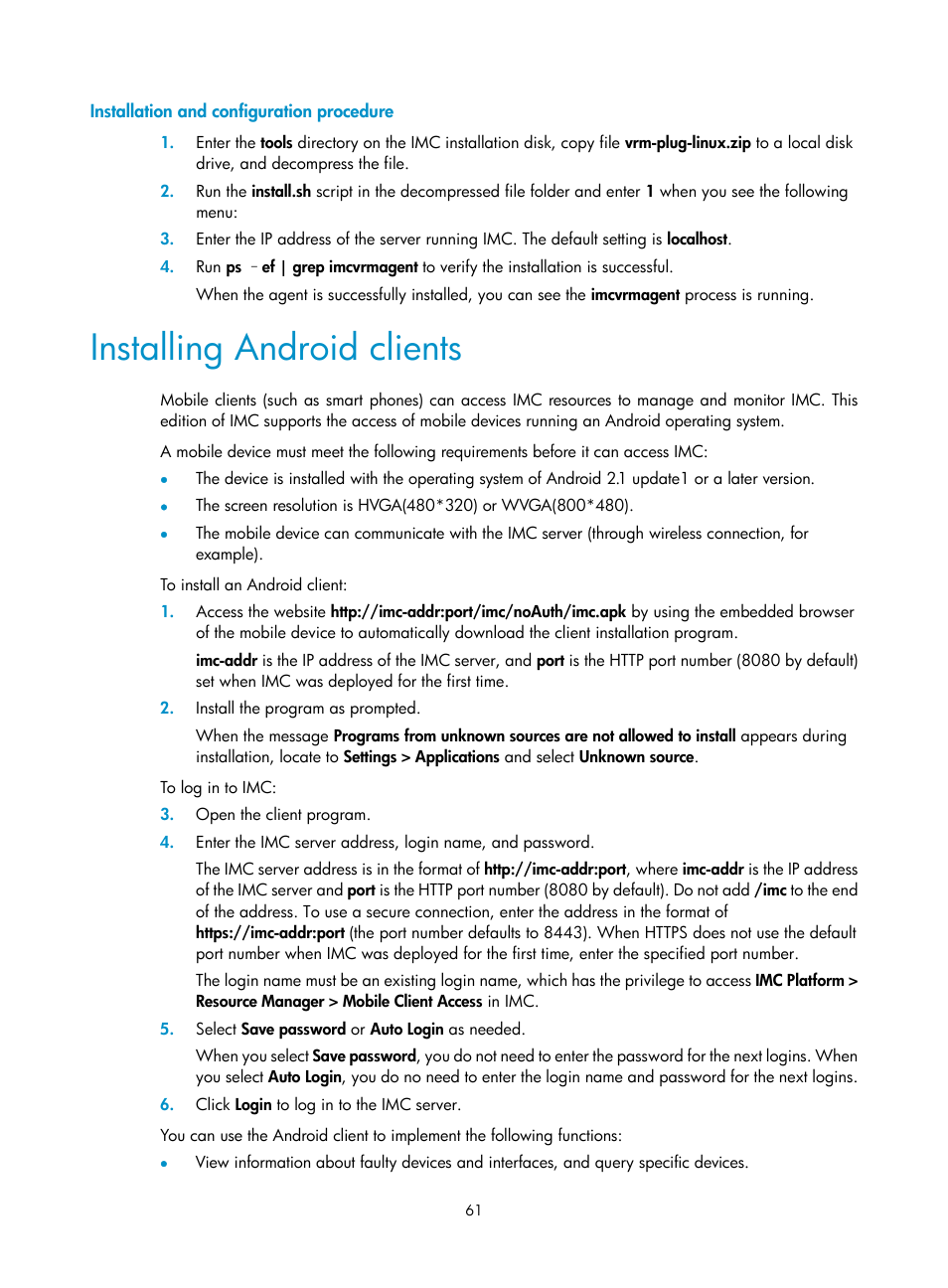 Installation and configuration procedure, Installing android clients | H3C Technologies H3C Intelligent Management Center User Manual | Page 68 / 104