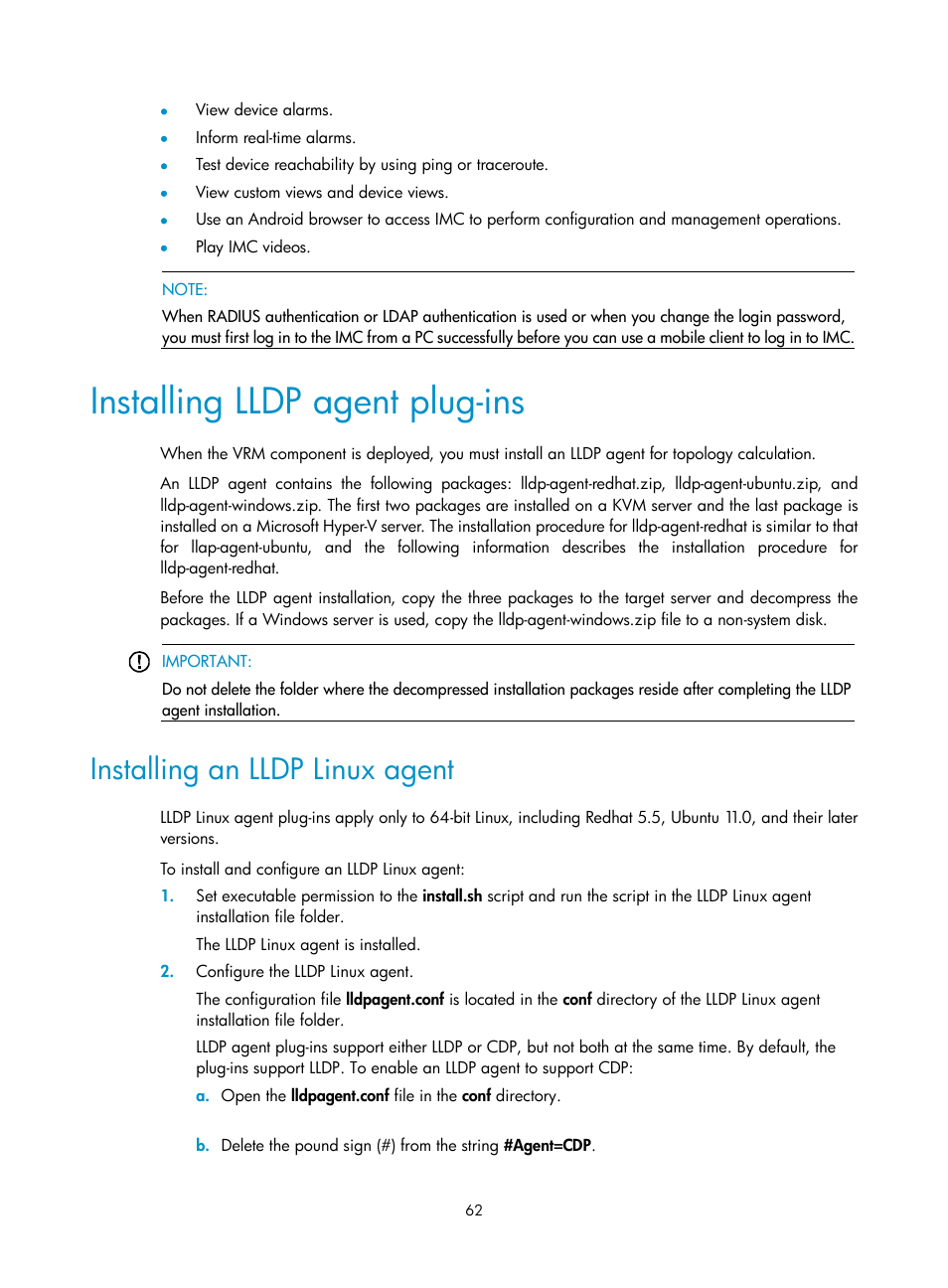 Installing lldp agent plug-ins, Installing an lldp linux agent | H3C Technologies H3C Intelligent Management Center User Manual | Page 69 / 104